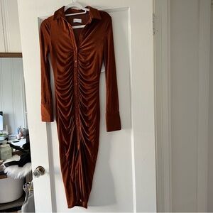 Isalis Brown Long Sleeve Collared Button Down Ruched Midi Dress Size Small NWT